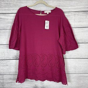 NWT Suzanne Betro Weekend Fuchsia Balloon Sleeves Eyelet Sz L